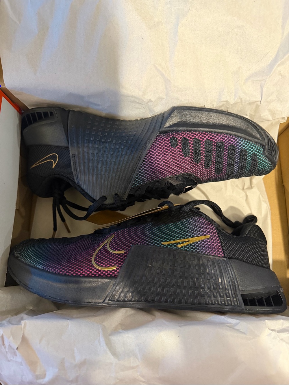 Nike Women's Athletic Shoes Black with Iridescent Purple-Green and Gold Swoosh